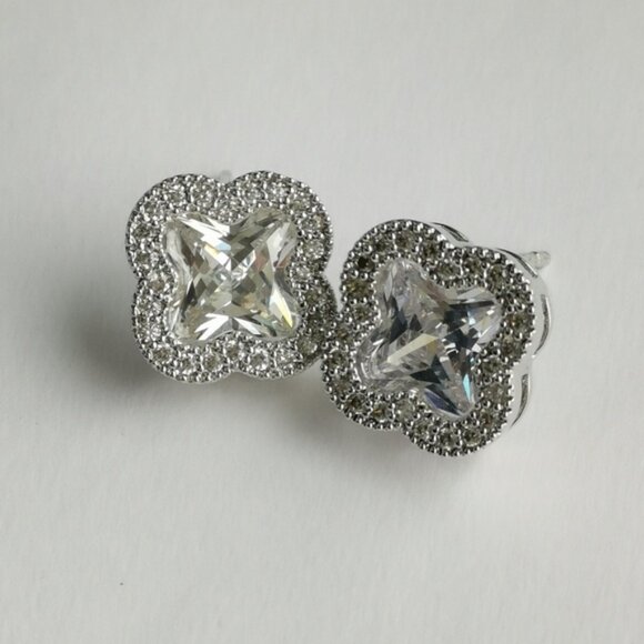 CZ clover Earrings in 14k white gold overlay - Picture 3 of 6